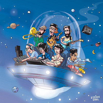 Spaceship band caricature jazz music