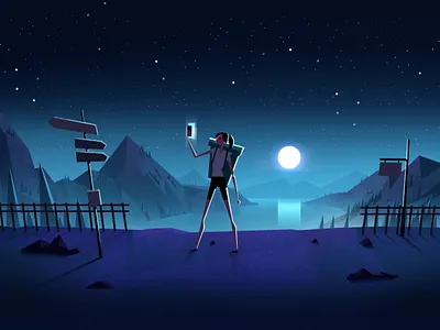 Selfie 2d animation character dark design illustration landscape motion night phone selfie
