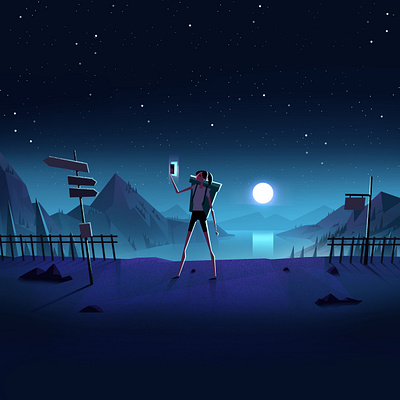 Selfie 2d animation character dark design illustration landscape motion night phone selfie