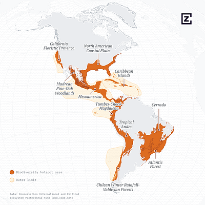 A map of biodiversity hotspots in the Americas cartography data visulization data viz design map maps orange