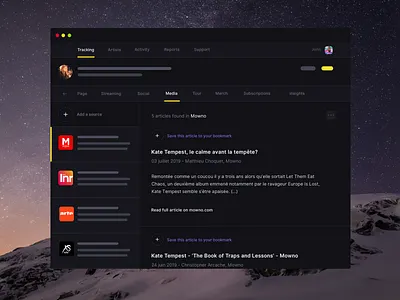 Musicdata - Music news feed app feature bookmark curation dark mode dark theme dark ui discovery media music music app music promotion news newsfeed release
