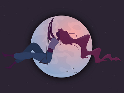 Let's Swing It birds darkness hair happy illustration moon night sketchapp swing woman