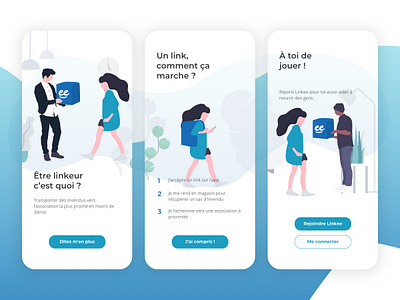 Onboarding for Linkee app app association blue design explanation flat flat illustration giving illustration minimal mobile mobile app design onboarding onboarding screen onboarding ui people playful steps ui ux