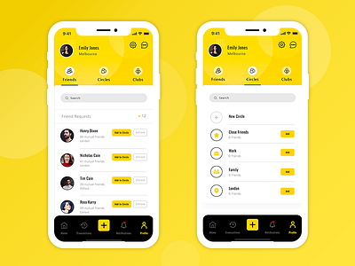 Profile UI ai icons circles close friends custom icons family friends home iphonex location mobile app photoshop profile ui work yellow theme