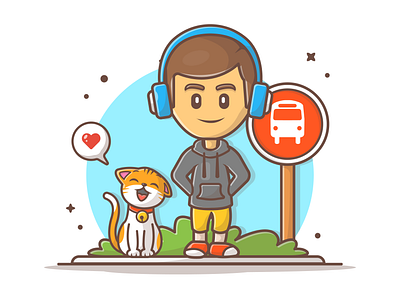 Waiting bus together 🚌 🤓😽 bus bus stop cat character cute flat icon illustration logo minimal music waiting