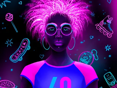 90s girl 90s afro eyes face flat girl glasses illustration ink neon neon colors neon girl neon sign pink stickers tshirt
