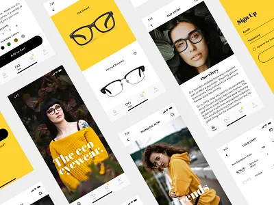 Eco Eyeglasses cart checkout ecommerce eyeglasses fashion ios iphone minimal mobile product design signup sketch style ui ux yellow