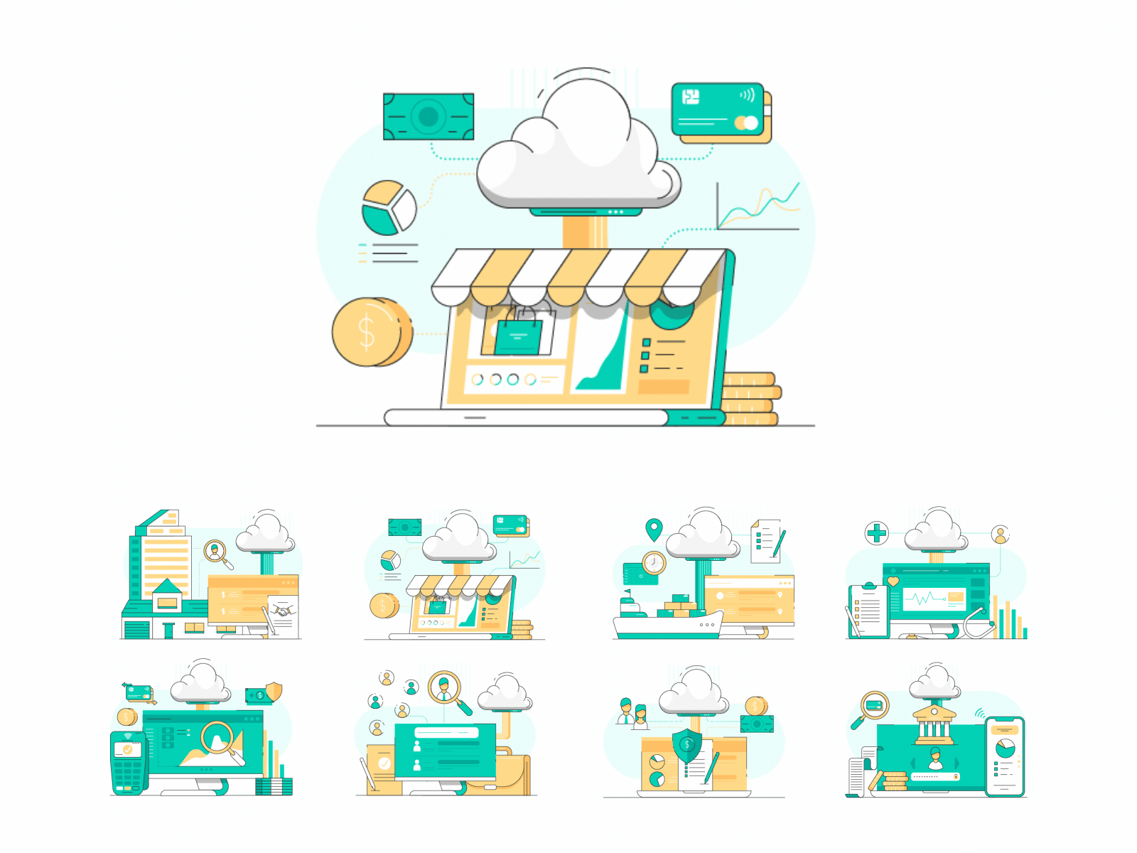 CLOUD COMPUTING banking cloud ecommerce ecommerce shop fintech icons illustration insurance logistics pc realestate shield