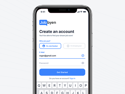 Jobbyen: Sign Up animation app apple application application design branding clean dailyui design illustration inspiration ios job finder job finder application modern register sign up sign up screen ui ux