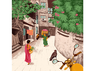 Beautiful Indian ladies alley basket bird crow encounter girl illustration india mirror moto motobike motorcycle plants raven rearview sari street trees walk woman