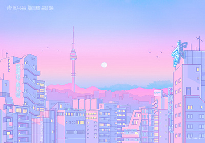 Seoul for Fnatic Fanzine 80s aesthetic anime city design illustration neon pastel sailormoon skyline