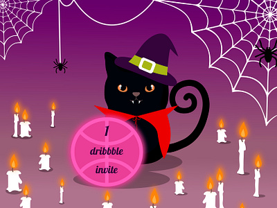 halloweenn invite candles cat colorful dribbble dribbble invite hat illustration invite pink red spider witch hat