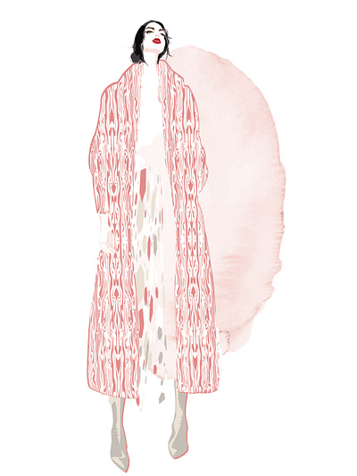 GIRL IN MARBLED COAT avatar avatar icons blogger brand design fashion fashion illustration loose chignon make up marbled print marbled print oversized coat pink skirt poster red and white red lipstick vector