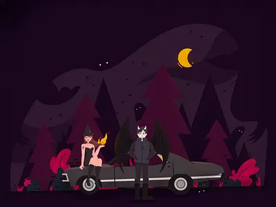 Nightcall car demon forest halloween night witch