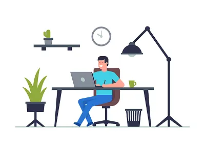 Freelancer busines calm cartoon coffee design freelance illustrator interior laptop man office remote room service silence studio vector work