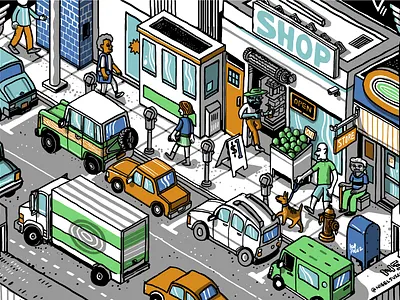 Los Feliz Barriers - street 2 building color digital drawing illustration isometric los angeles