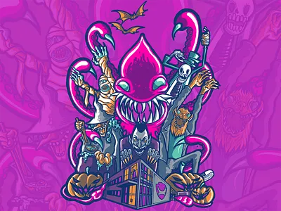 Fright Night bat beer brewery fright halloween halloween design illustration mummy night procreate pumpkin purple skeleton squid werewolf witch wolfman