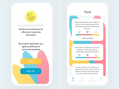 Quack: Support community for sharing mental health struggles app application design prototype sketch ui ui design uiux uiuxdesign user experience user experience design ux ux design ux research