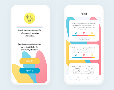 Quack: Support community for sharing mental health struggles app application design prototype sketch ui ui design uiux uiuxdesign user experience user experience design ux ux design ux research