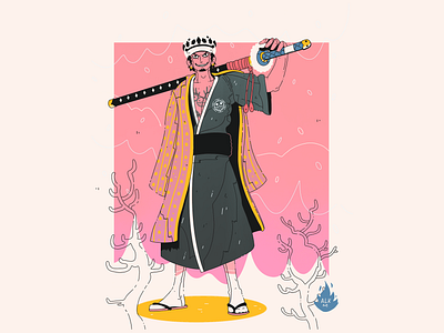 Trafalgar Law In Wano! artwork character design comic digital illustration drawing gradient gradient color hq illustration lineart manga one piece onepiece pink samurai