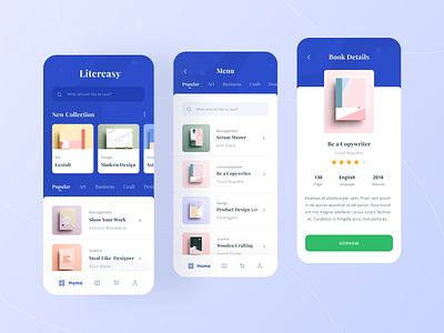 Litereasy Digital Library App app blue books clean design clean ui concept design homepage library ui ux