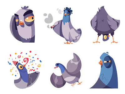 Stickers for Telegram | Pigeons part 2 art bird cartoon celebrate character dead design emotion funny icon illustration messenger pigeon sticker stickers telegram vector weed