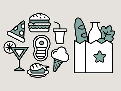 Food Icons Design burger cartoon design drink flat food ice cream icon set icons illustration menu minimal outline pizza shopping bag steak sushi ui vector