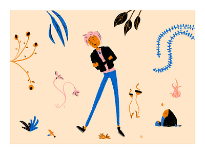 Character hanging out design illustration pink hair plants