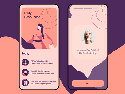 Daily Resources • Beauty Blog beauty beauty salon blog daily feed feminine girl illustrator ios news orange profile purple resources settings ui ux walkthrough