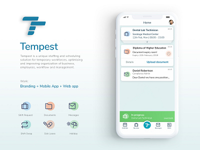 Tempest App branding cards clean colors icons logo mobile app mobile app design notifications schedule shifts software tempest ui ui design ux uxdesign web app white