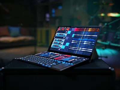 Music Studio on Asus Zenbook Pro Duo 3d animation audio audio app gui laptop mockup music plugin synth ui
