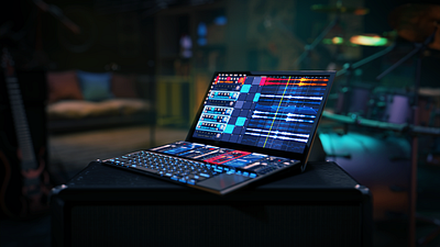 Music Studio on Asus Zenbook Pro Duo 3d animation audio audio app gui laptop mockup music plugin synth ui