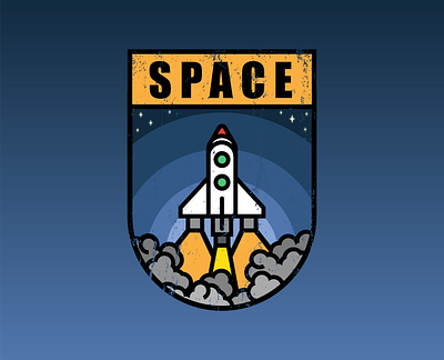 Retro Space Exploration Patch badge emblem design inspired minimalist old school patch playful retro rocket ship simple space exploration spaceship take off thick lines vector art vintage