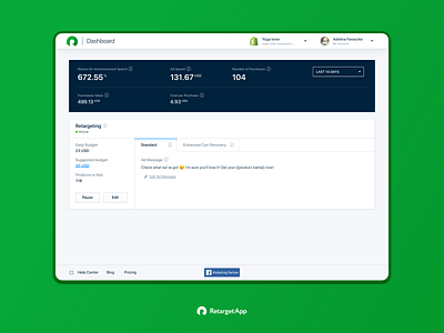 Dashboard. RetargetApp ads analytics automate ads dashboard data visualization datavis facebook ads graph information design interface metrics performance product design purchases revenue roas sales ui ux web app