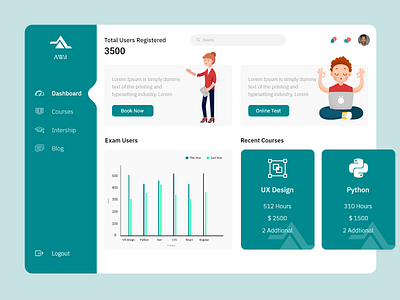 Dashboard online Courses blue green book now brand clean ui concept courses dashboard design dashboard ui design exam flatdesign illustration onboarding one page online testing ui web