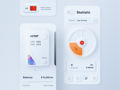 Skeuomorph Mobile Banking application balance bank app card credit card credit card slider credit limit dashboard finance analytics finance app fintech ios lend lending mobile mobile banking neomorphism saas skeuomorph app spendings