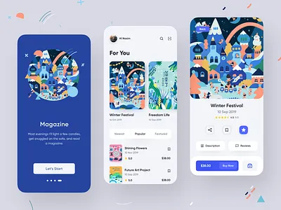 Magazine Store Mobile App booking app card ecommerce app magazine magazine app magazine cover magazine design map mobile mobile app product product app realestate shop shopping app social app