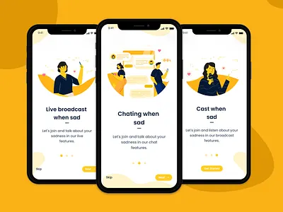 Onboarding - Galau.in animation app flat illustration mobile onboarding sad ui ux vector yellow