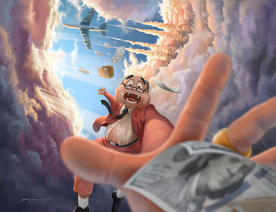 The Pursuit of Happiness airplane art artwork business character design clouds digital art digital painting dollars fall falling happiness illustration money painting poster sky