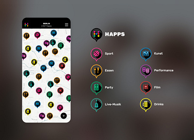 happs app icons, logo & app screen app icon icondesign icons iconset illustration interactive interface logo map marker mobile screendesign ui