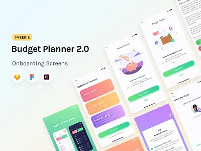 Budget Planner - Onboarding Screens Freebie bank branding button clean design finance flat freebie gradient illustration ios logo minimalism onboarding product transaction ui ux vector web