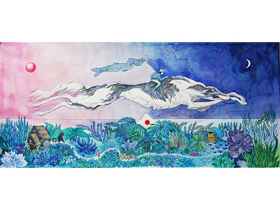 Adventure adventure borzoi character chimera deerhound dog dream greyhound hound illustration japan moon night pink plant plants watercolor watercolour wind