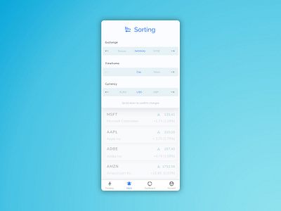 Stock Alerts - Sorting Screen - Light Mode andriod apple card colorful data google high contrast ios pill product design simple stock ui ux zen