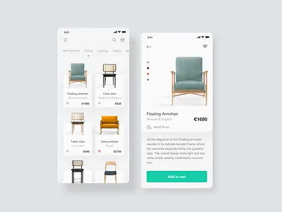 E-commerce app interface app cart chairs design ecommerce furniture minimal product store ui ux