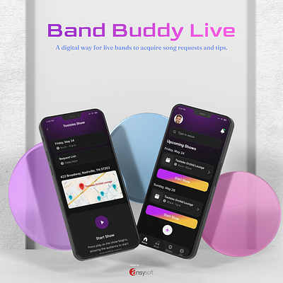 The mobile app named "Band Buddy Live" designed by Ansysoft. adobephotoshop bandplatform bandtips digitalplatform digitaltipping getyourmusicheard interactivemusic liveband livemusic livemusicexperience mobileapp musiccommunity musicians musiclover musictech onlineconcerts realtime songrequests supportmusicians virtualtips