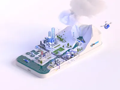 LoRaWAN water cycle illustration 3d application cinema4d city cloud communication drone factory illustration infographic iot isometric lorawan phone redshift render river sensors ship