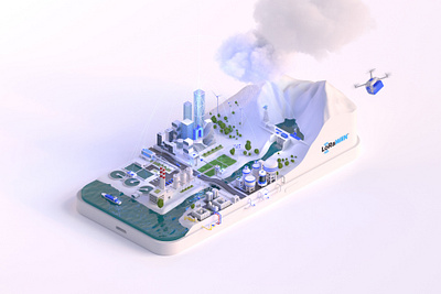 LoRaWAN water cycle illustration 3d application cinema4d city cloud communication drone factory illustration infographic iot isometric lorawan phone redshift render river sensors ship