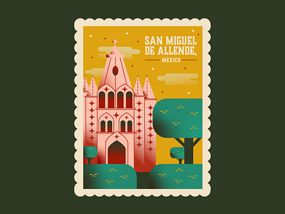 San Miguel de Allende Stamp chapel design dribbleweeklywarmup flat background flat illustration flatdesign gothic illustration lets go mexico muted colors stamp stamp design stamped stamping travel traveling visit