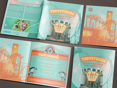Bifold Amusement Park themed Invitation Card adobe photoshop amusement park bifold carousel circus dreamy entertainment funfair graphic design invitation card print roller coaster turquoise