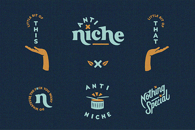 Anti Niche Brand Elements anti niche badge design branding custom type do whatever the fuck you want hands illustration lettering logo procreate script serif type lockup vintage